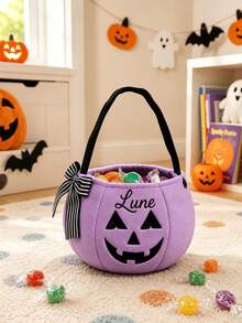 Personalized Name Pumpkin Basket, Felt Halloween Trick Or Treat Bucket With Striped Bow, Handheld Pumpkin Storage Tote Bag, Halloween Party Decoration Gift Basket - Multicolor - View 6
