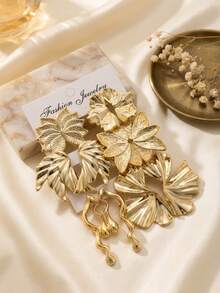 6 Pairs Combination Earrings Set, European And American Style 3D Floral Leaf Asymmetrical Drop Earrings, Exaggerated High-End Stud Earrings For Women - Gold - View 8
