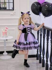 Baby Girl Square Neck Contrast Color Mesh Patchwork Satin Cute Halloween Party Princess Dress Suitable For Ball, Headband Not Included - Multicolor - View 4