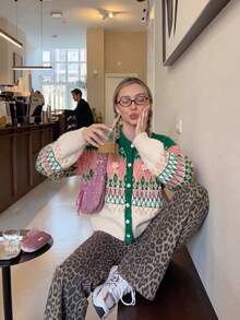 Women's Colorblock Jacquard Fuzzy Cardigan, 3D Floral Button Long Sleeve Knit Sweater, Christmas Holiday Style - Green - View 2