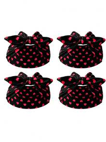 4Pcs Red Heart Print Bow Turban Headbands, Soft Elastic Wide Knotted Hair Wraps, Women Fashion Hair Accessories - Black a - View 4