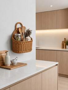 Handmade Rattan-Look Wall-Mounted Kitchen Basket, Dual-Use As Hand Carry Or Wall Hanging, Household Desktop/Wall-Mounted Sundries Storage Basket, Rustic Style Decorative Basket, Shelf Baskets - Regular Model - View 2