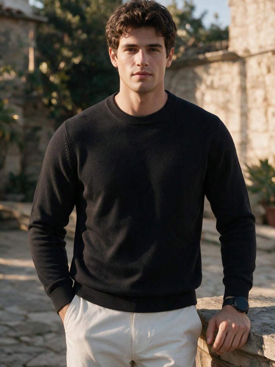 Men's Solid Color Crew Neck Knit Undershirt, Featuring Ribbed Cuffs And Hem Design, Long Sleeve Suitable For Office Layering And Daily Wear - Black - View 1