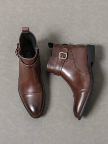ZCZ Men Cap‑Toe Buckle Ankle Boots, Side Zip Pointed Toe Low Heel Vintage Business Casual Short Boots - Brown - View 11