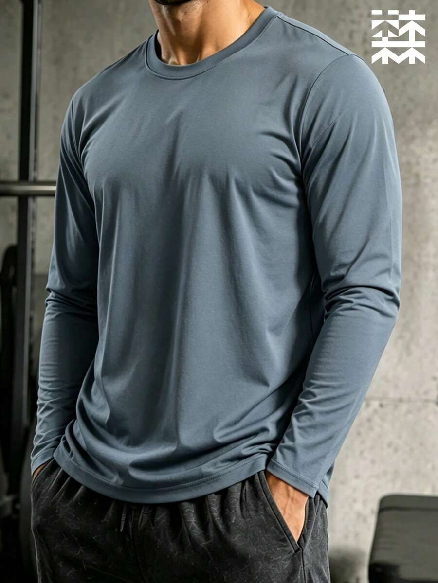 mulinsen Kaos Pria Lengan Panjang Kerah Bulat Warna Polos, Lapisan Dasar Kebugaran Slim Fit Elastis, Atasan Olahraga Musim Semi/Gugur - Grey - View 1