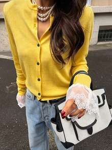 Women's Fashion Elegant Versatile Solid Color Lace Patchwork Round Neck Long Sleeve Casual Cardigan - Yellow - View 4