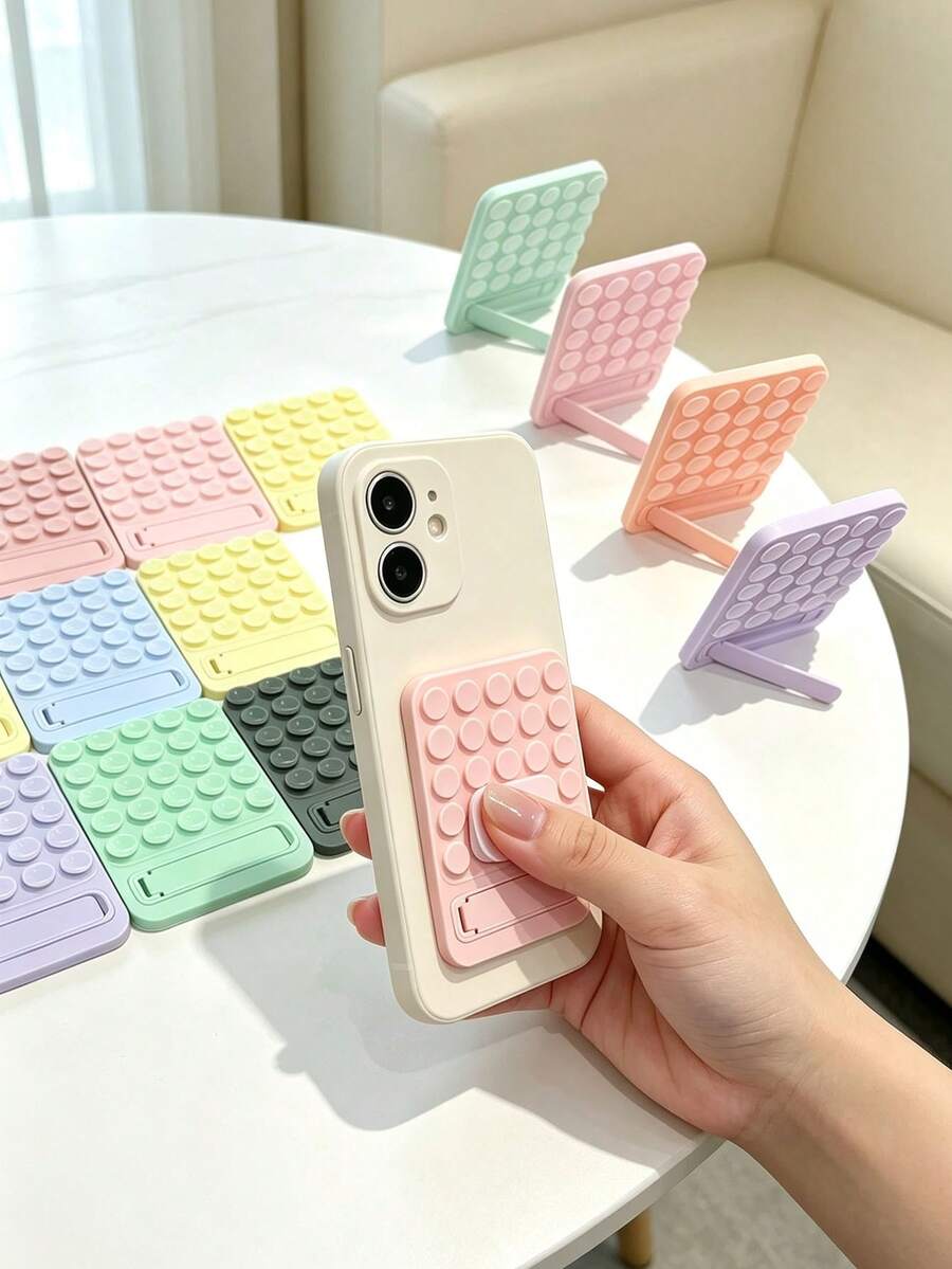 Suction Cup Phone Holder With Hidden Foldable Metal Crocodile Clip, Ultra-Thin Silicone Non-Slip Pad Suitable For Bathroom Mirror, Glass Wall And Desktop, Essential For Watching Shows. Back Side Features Macaron Color Adhesive Sticker
