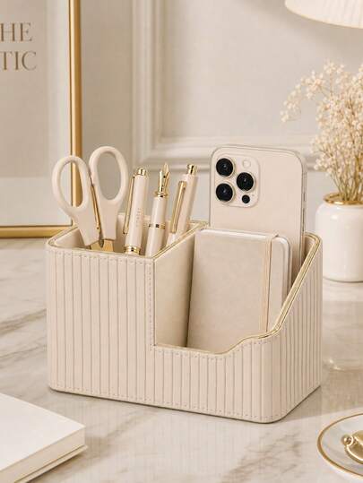 Luxury Gold-Trimmed Leather-Texture Multi-Compartment Desktop Organizer Box, Large Capacity Sorting Storage For Office Supplies / Skincare / Keys & Miscellaneous Items