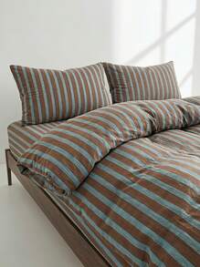 Veyra Day 3pcs Brown And Light Blue Striped Duvet Cover Set, Vintage Vertical Stripe Soft Cotton Breathable Bedding Set With 2 Shams (No Insert) - Blue coffee blue strip cotton - View 9
