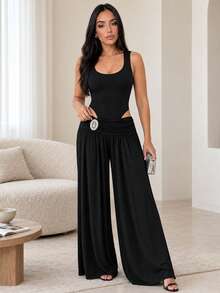 ChicMe Women 2 Pieces Outfits Sleeveless Slim Fit Bodysuit With Rhinestone High Waist Ruched Wide Leg Pants Set Tracksuit Clubwear - Black - View 4