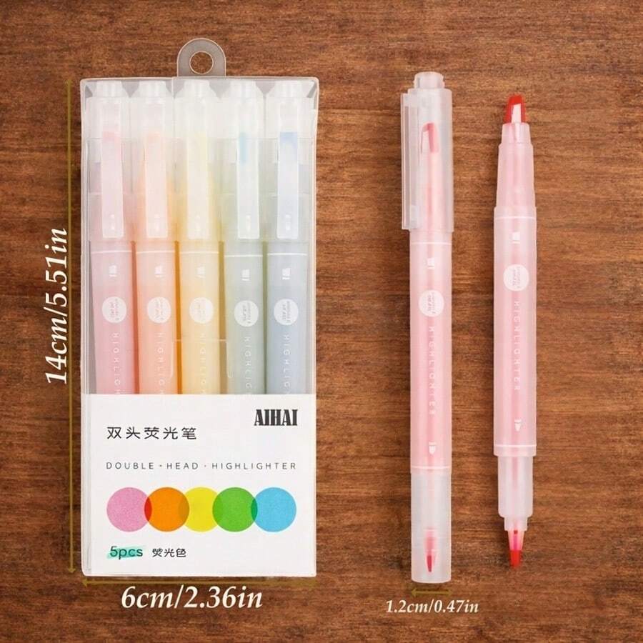 Dual-Tip Fluorescent Markers, Set Of 5 Different Pastel Colors, With Ink Level Indicator, Smudge-Resistant, Suitable For Study Notes, Schedule Planning, Diary, Planner And School Supplies - Fluorescent - View 1