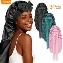 Awegeo 3Pcs Long Satin Sleep Bonnet With Bow Tie Band, Silky Night Hair Cap For Long Braids Curly Hair - Multicolor - View 8