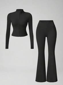 NcmRyu Women's One Set Solid Color Stand Collar Zipper Short Jacket & Cross V Waist Flare Pants Sports Set - Black - View 4