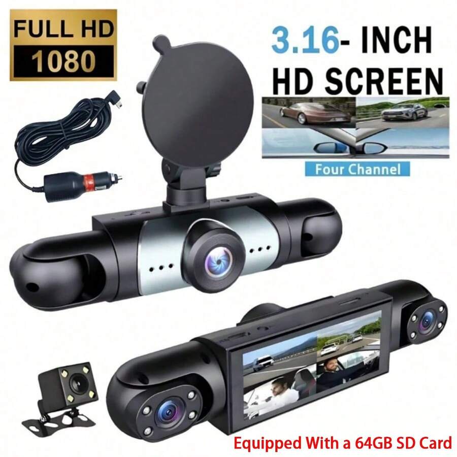 4 Channel 360° Panoramic Dash Cam For Cars, Equipped With Front, Rear & Interior Cameras, Built-In Night Vision, 24H Parking Monitoring & Loop Recording Function, Universal For Most Car With 150mAh Built-In Rechargeable Battery - Dash Cam - View 1