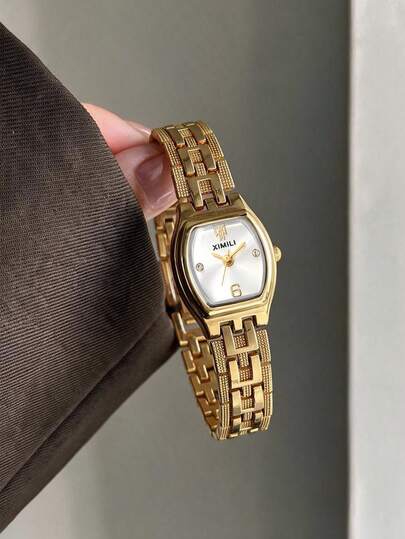 1pc Gold White Square Women's Quartz Watch, Cuban Bracelet Strap, Daily Wear, Fashionable Casual Retro Business Style, Holiday Gift Selection