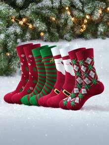 4 Pairs Unisex Red & Green Mixed Color Christmas Mid-Calf Socks, Soft Breathable Fun Holiday Socks, Suitable For Christmas Party And Vacation - Multicolor - View 8