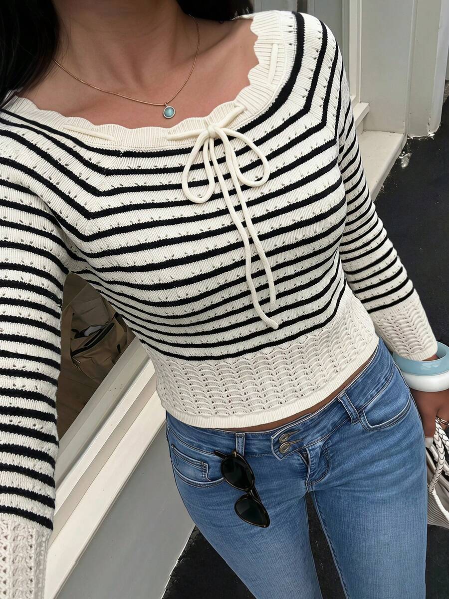 Women's Striped Knit Pullover Sweater With Drawstring Neckline, Long Sleeve Regular Fit Top For Fall & Spring Outfits - Multicolor - View 1