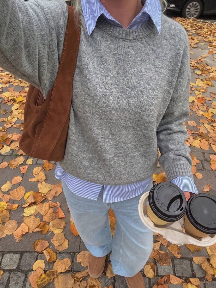 SEREN Women's Grey Oversized Crewneck Rib-Knit Sweater, Long Sleeve Pullover For Fall And Winter Comfort, Medium Stretch Fabric, Regular Length - Grey - View 1