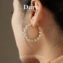 DARA Freshwater Pearl Earrings S925 Silver 3-4mm High Luster Design Luxury Women's Double Hoop Earrings - White Gold - View 3