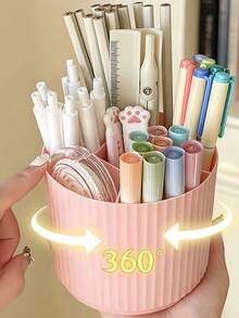 2-Piece Rotating Makeup Brush Holder Set, Desktop Multi-Compartment Cosmetic Organizer Box, Rotatable Storage Bucket & Combination Organizer, Vanity Pen Holder, Suitable For Lipstick, Eyeshadow, Dormitory Bedroom Desktop Decor - Multicolor - View 3