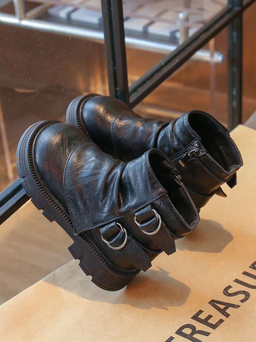 女款時尚機車風百褶踝靴,復古龐克風,適合戶外出遊與日常休閒穿著 - 黑色 - 查看 1
