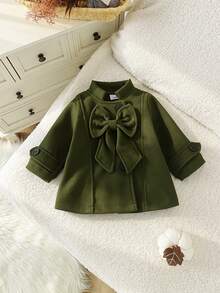 1pc Baby Girl Cute Lightweight 3D Bow Small Stand Collar Long Sleeve Wool Blend Jacket Spring Autumn Elegant Style - Dark Green - View 1