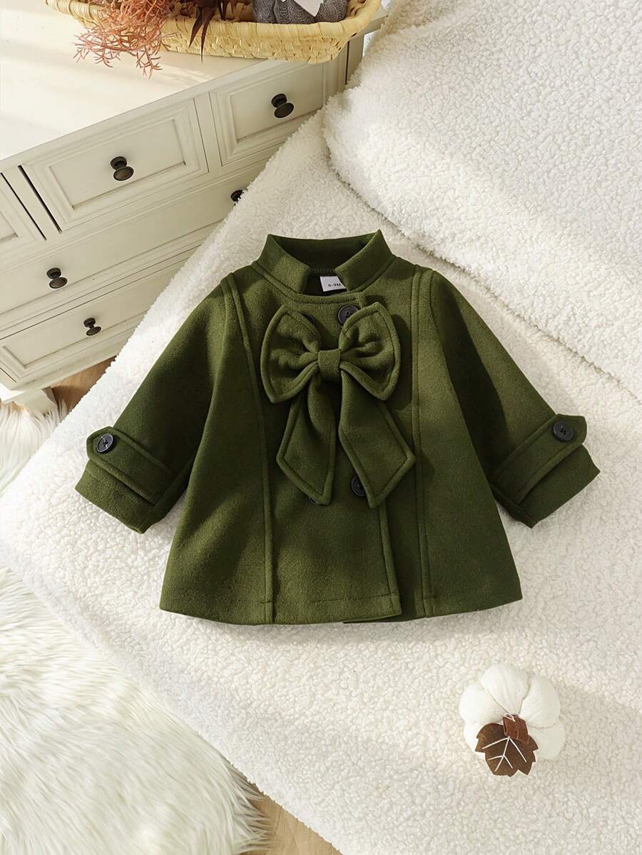 1pc Baby Girl Cute Lightweight 3D Bow Small Stand Collar Long Sleeve Wool Blend Jacket Spring Autumn Elegant Style - Dark Green - View 1