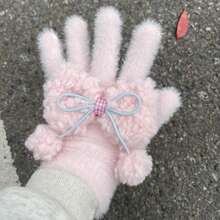 1 paire de nouveaux gants en fausse fourrure de lapin avec nœud papillon, doux, mignons, chauds, anti-gel, pour fille étudiante, cyclisme et équitation - Multicolore - Voir 3