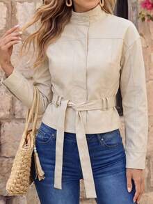 Women's Apricot Non-Stretch Regular Jacket, Stand Collar Long Sleeve, Waist Tie, Suitable For Daily Commute And Casual Wear - Apricot - View 1