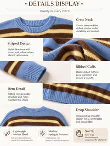 Women's Loose Round Neck Colorblock Striped Long Sleeve Knit Sweater, Vintage Casual Daily Versatile Commuter Top, Suitable For Vacation And Autumn - Blue - View 5
