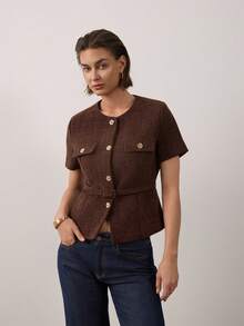 Women's Tweed Metal Flower Single-Breasted Short Sleeve Jacket With Belt Summer - Dark Brown - View 3