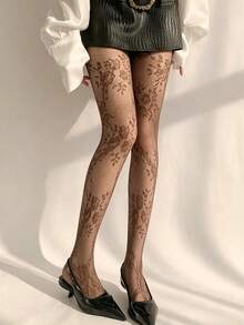 1 Pair Women's Mesh Tights - Floral Lace Accents, French Style, Suitable For Date Night, Layering & Romantic Gift - Multicolor - View 9