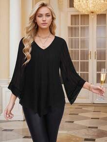 Blusa elegante de doble capa para mujer, cuello en V, manga campana tres cuartos, tejido de malla elástica, volantes en el bajo, ropa de primavera - Negro - Ver 1
