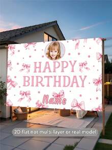 1pc Customizable Pink Bow Birthday Background, Pink Polka Dot Girly Design Background, Suitable For Birthday Party Cake Smash, Photography Backdrop, Vinyl - Pink - View 5