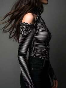 Women's Black & White Striped Long Sleeve Top, Ruffle Cold Shoulder Pleated Design, Knitted Fabric Regular Fit Blouse - Black - View 3