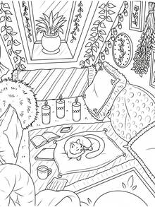 Cute Interior Designs Themed Coloring Book, Cozy Home Room Line Art, Potted Plants, Cats And Dogs, Healing Adult Leisure Doodle Coloring Book - Interior Design - View 8