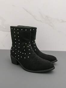 Men's Western Cowboy Boots, Round Toe, Black Suede-Like Fabric Upper, Rhinestone Decor, Side Zipper, Chunky Heel, Boots For Party, Daily Casual Wear - Black - View 9