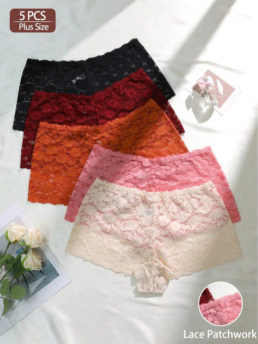 5pcs/Pack Plus Size Women's Fashion Floral Lace Panties - Multicolor - View 1