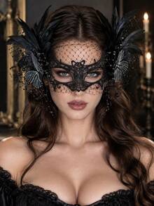 Women's Black Lace Masquerade Mask, Feather Butterfly Beaded Veil Half Face Mask, Gothic Style Venetian Halloween Party Cosplay Costume Accessory - Black - View 2