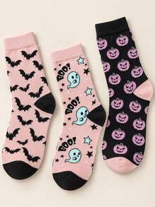 3 Pairs Women's Mid-Calf Socks Sweet Cool Pink Halloween Socks Ghost Bat Pumpkin Fun Socks Holiday Party Casual Daily Gift Socks - Multicolor - View 10