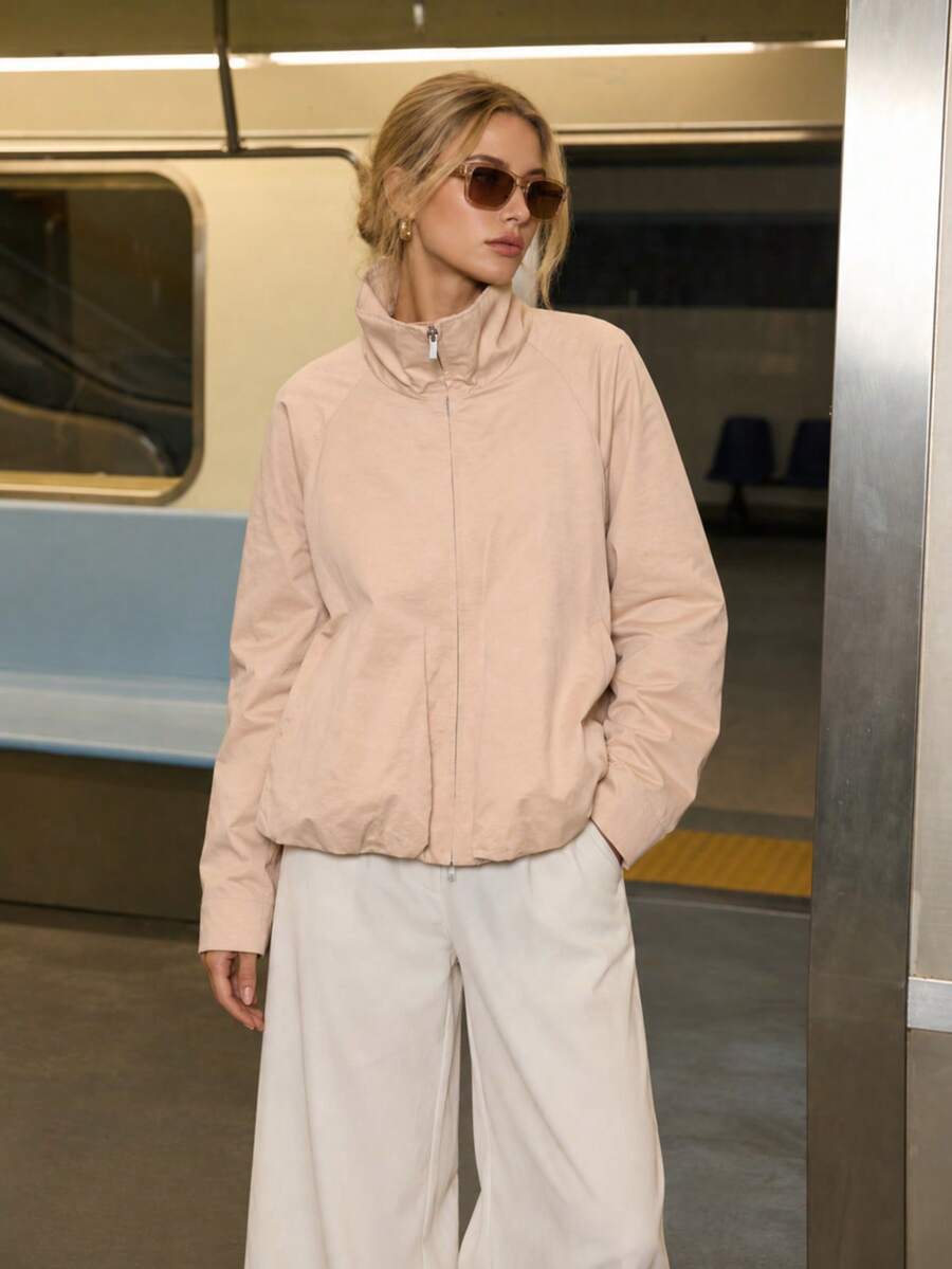 Women's Autumn Stand Collar Zipper Long Sleeve Casual Short Jacket - Pink - View 1