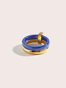 1pc 18K Gold Plated Exquisite Stainless Steel Ceramic Cubic Zirconia Ring, Women's Jewelry, Wedding Party Date Gift - Blue and Gold - View 5