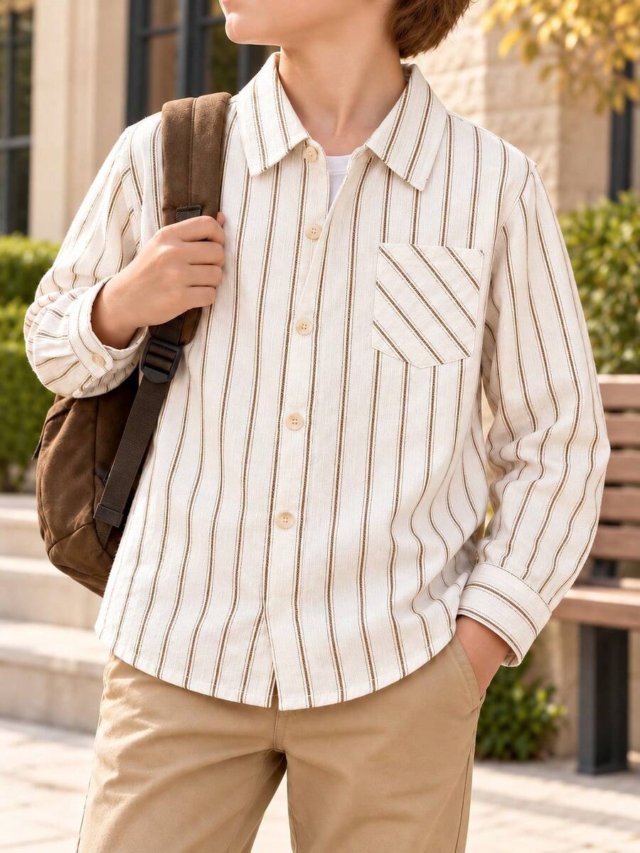 男童及儿童经典休闲度假卡其色条纹贴袋长袖衬衫，适合休闲聚会和各种正式场合。 - 卡其色 - 查看 1