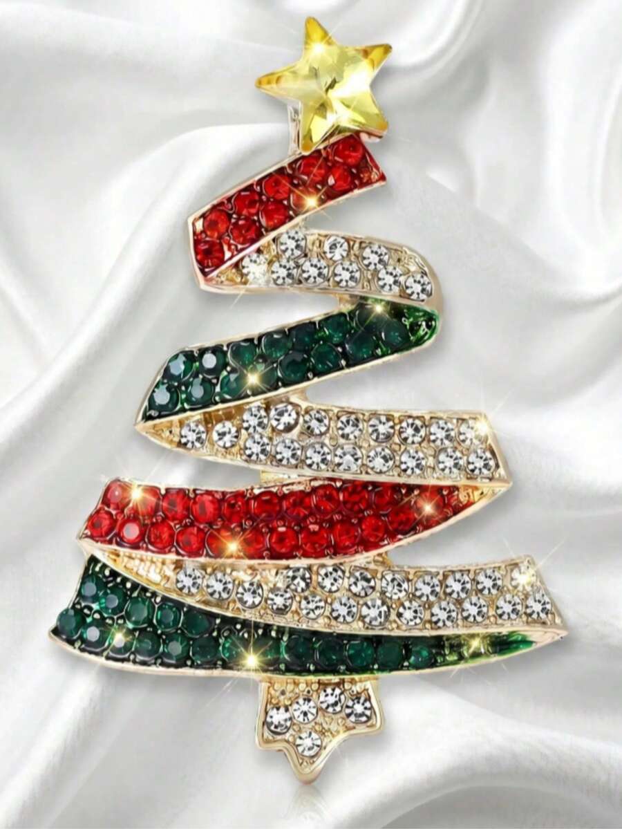 1-2pcs European Luxury Rhinestone Christmas Tree Brooch, Wavy Layered Five-Pointed Star Tree Design Exquisite Pin, Sparkling Rhinestone Craftsmanship, Can Decorate Sweaters, Coats, Handbags, Christmas Holiday Atmosphere Outfit Accessory, Suitable As Christmas Gift For Friends And Family, Party Gathering Holiday Decoration Jewelry
