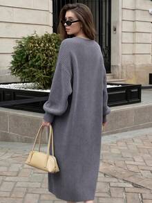 NZZOF Women's Solid Color Casual Long Sleeve Dropped Shoulder Long Knit Cardigan Autumn/Winter - Grey - View 2