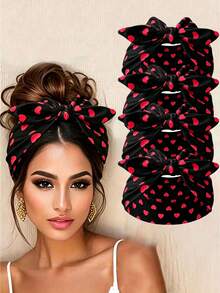 4Pcs Red Heart Print Bow Turban Headbands, Soft Elastic Wide Knotted Hair Wraps, Women Fashion Hair Accessories - Black a - View 1
