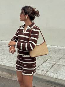 Autumn/Winter Women's American Vintage Colorblock Striped Polo Collar Knit Set, Ruffle V-Neck Cropped Sweater + High-Waist Shorts 2 Pieces Set - Brown and White Stripes - View 4