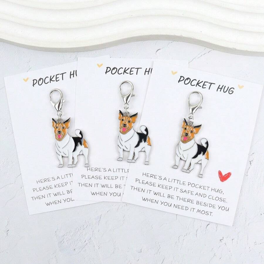 1pc/2pcs/3pcs Cute Smiling Jack Russell Terrier Keychain With Pocket Hug Blessing Card, Perfect For Decorating Keys, Bags And More, Inspirational Memorial Gift For Family, Brothers, Friends And Dog Lovers, Conveying A Feeling Of Gentle Companionship - Brown and White - View 1