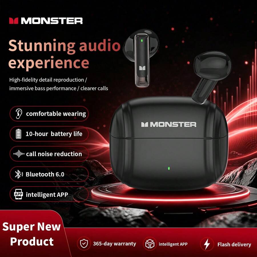 Monster Pure Aura HT10 True Wireless Bluetooth Earbuds, Anti-Loss App Positioning Support, 3g Ultra-Light Comfortable Semi-In-Ear Design, High Fidelity Sound Quality, Clear Calls, Sweatproof, Suitable For Daily Commute And Office