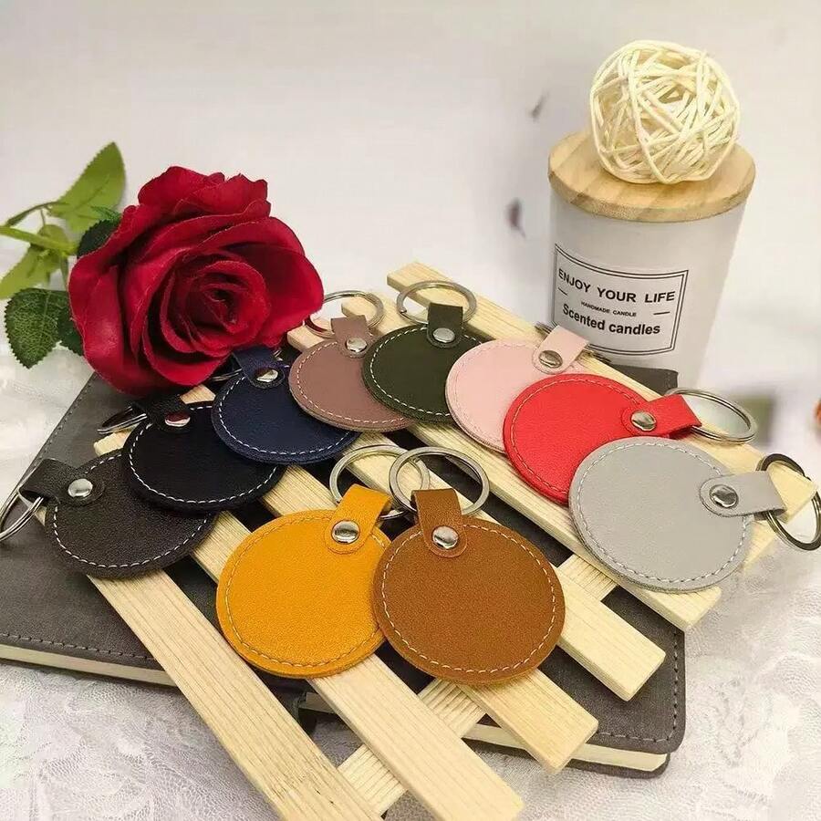 4pcs/12pcs DIY Handmade Jewelry Large Round Creative Leather Keychain, Leather Heart Pendant Key Ring, Fashion Key Ring, Bag Accessory, Unique Backpack Charm, Car Keychain, Birthday Gift, Party Favor, Winter - Multicolor - View 1